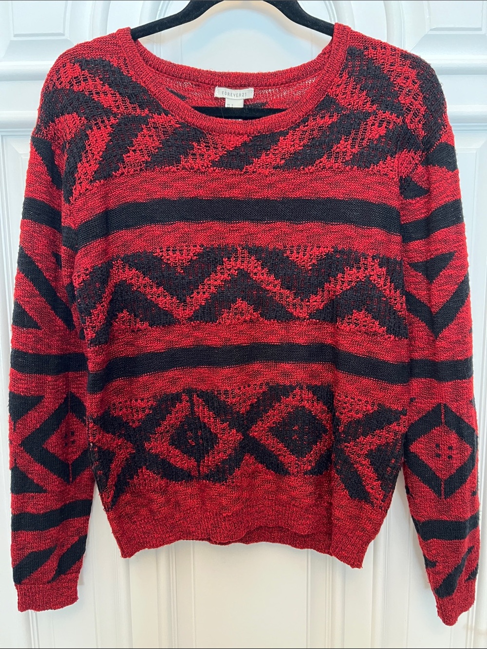 Forever 21 Red and Black Geometric Knit Scoop Neck Sweater